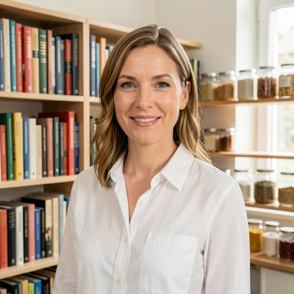 Porträt der Ernährungsfachperson von Marloven in einem hellen Zürcher Studio mit Regalen voller Fachbücher und natürlichen Zutaten im Hintergrund