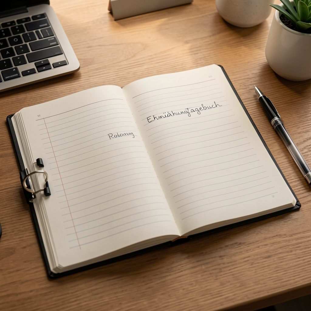 Handschriftliches Ernährungstagebuch aufgeschlagen auf einem Schreibtisch mit Stift und einem Glas Wasser daneben