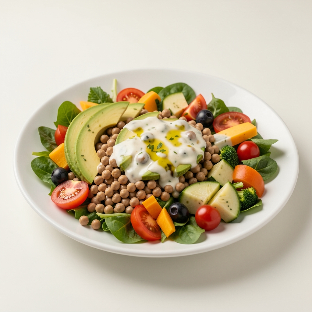 Frisch zubereiteter ausgewogener Salatteller mit Avocado, Kichererbsen, saisonalem Gemüse und Olivenöl-Dressing auf hellem Hintergrund