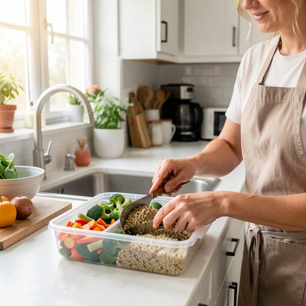 Person beim Portionieren von gekochtem Gemüse und Quinoa in Mahlzeitbehälter für Wochenvorbereitung in einer hellen Küche